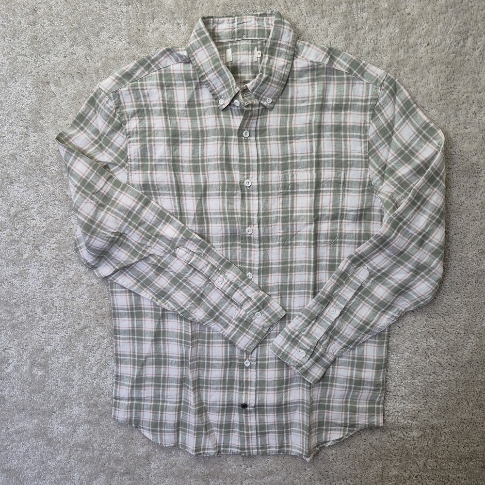 Taylor Stitch Linen Shirt Mens 40 Medium Green Plaid Button Down Coastal Beach - Picture 2 of 12